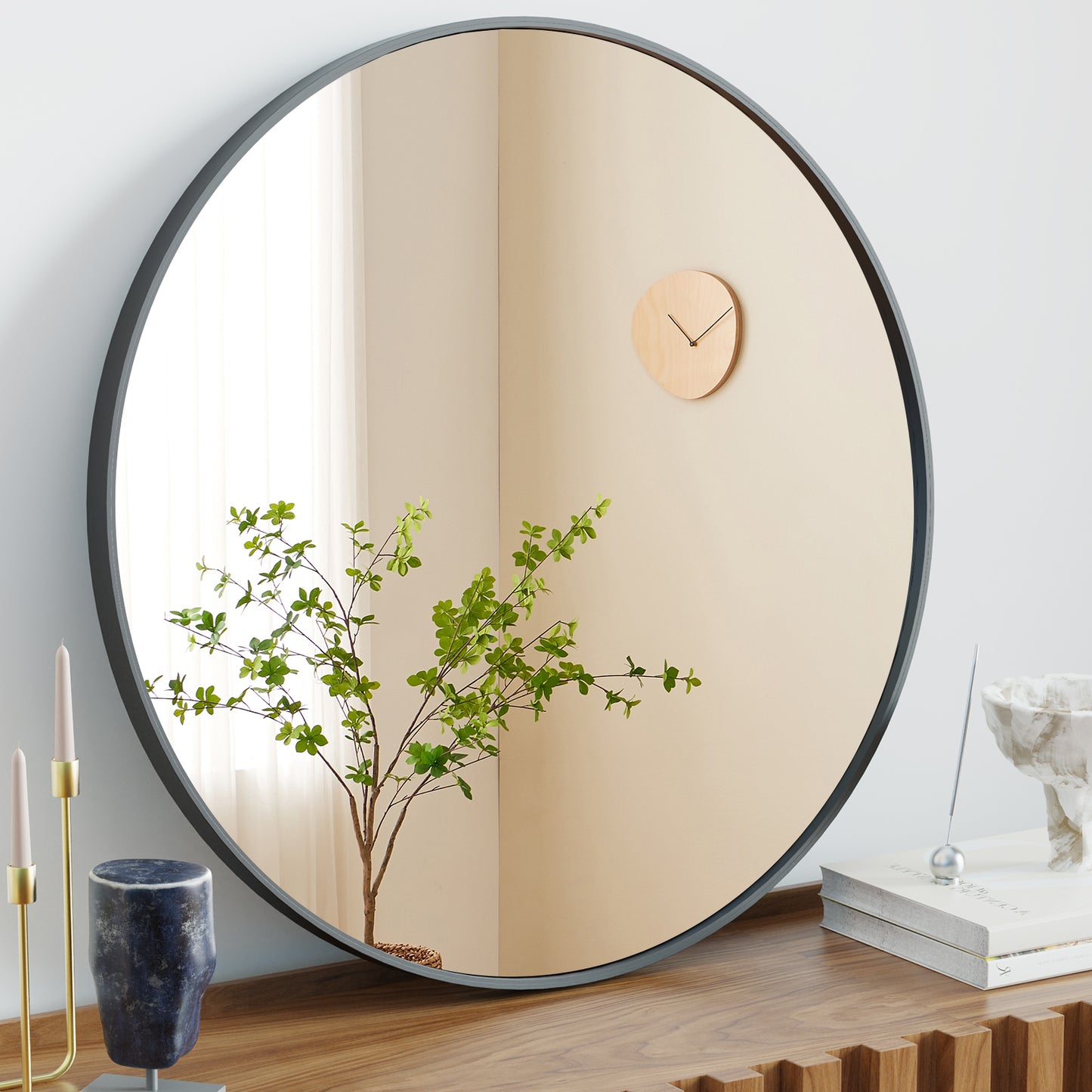 Round Wall Mirror with Black Metal Frame – 70cm