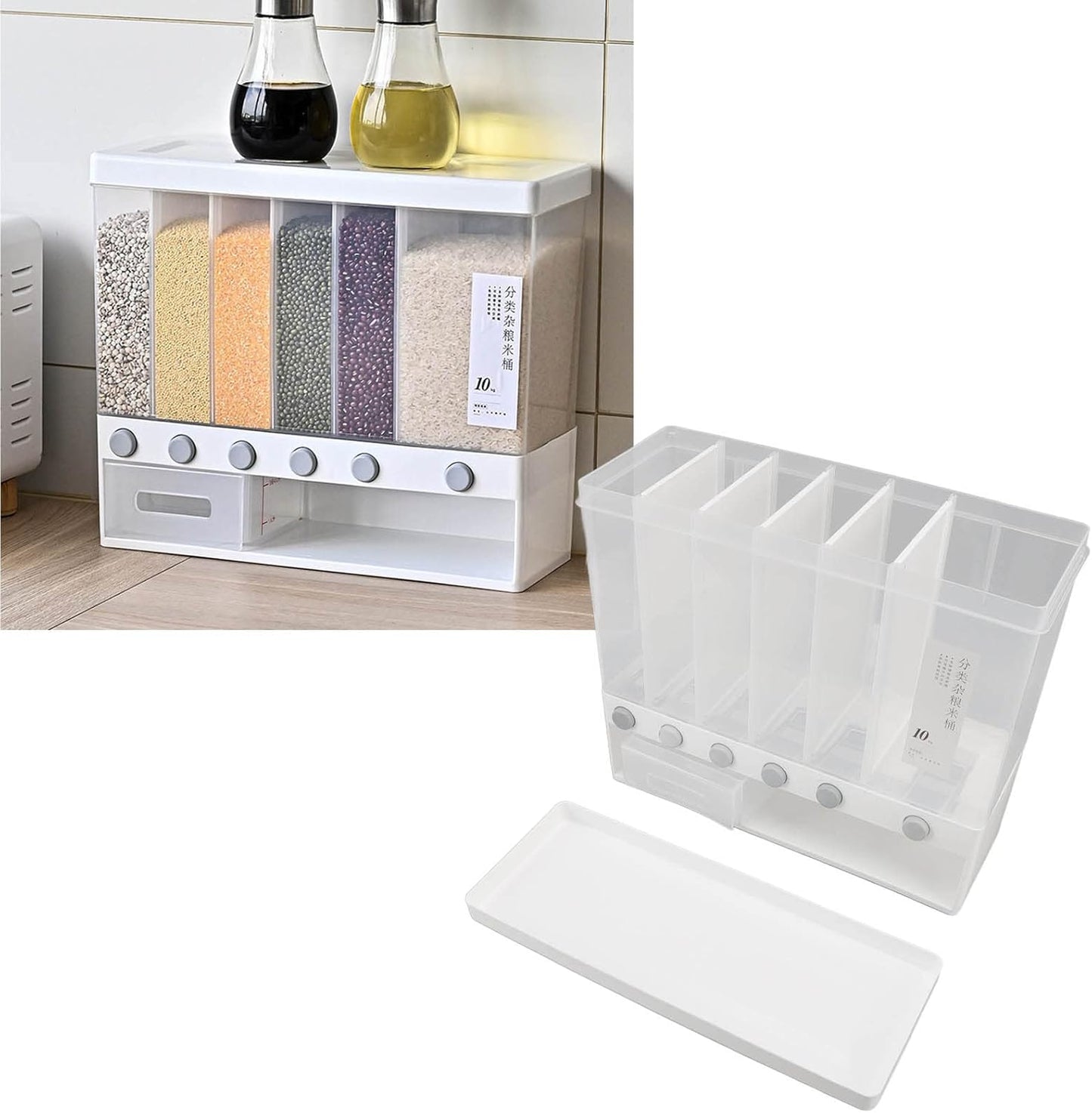 10L Wall-Mounted 6-Grid Cereal & Rice Dispenser