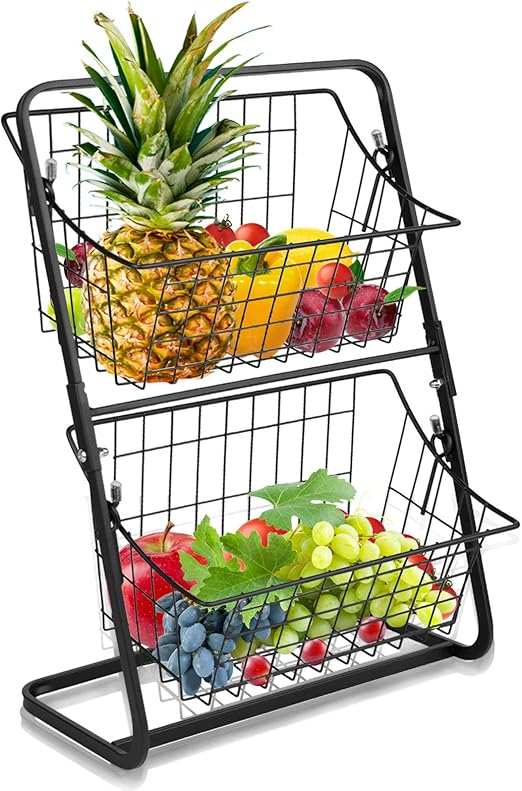 2-Tier Metal Storage Rack with Removable Baskets – Black
