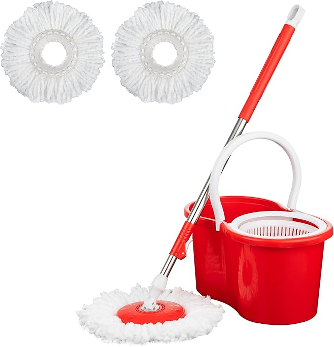 Crystals Microfiber Spin Mop & Bucket Set – 360° Rotating Mop with 2 Mop Heads, Stainless Steel Handle & Spin Bucket – Red