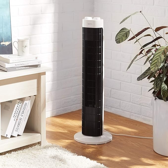 Amazon Basics 3-Speed Oscillating Tower Fan with Timer – 45W, White