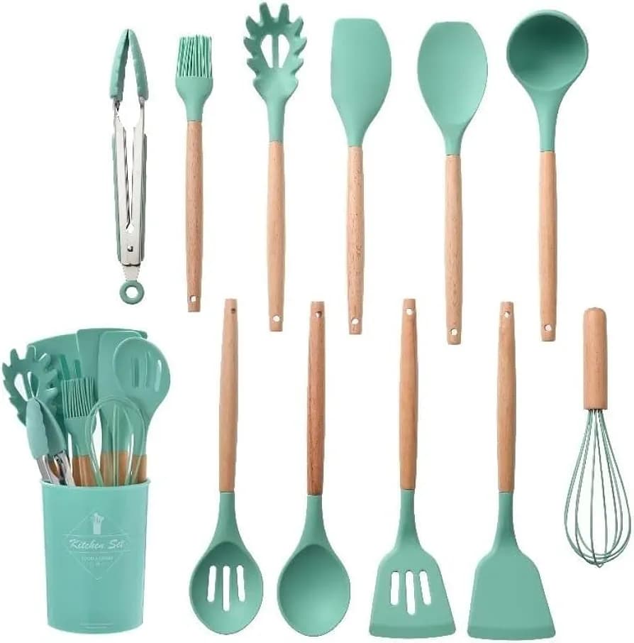 11-Piece Silicone Kitchen Utensil Set with Beech Wood Handles