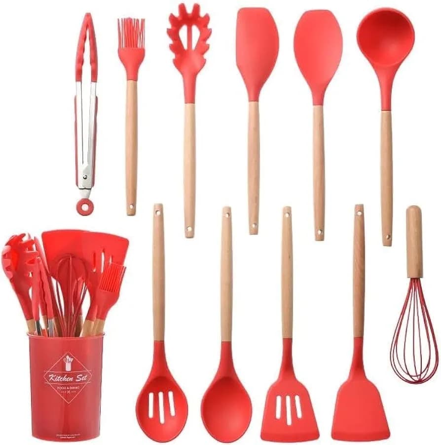 11-Piece Silicone Kitchen Utensil Set with Beech Wood Handles