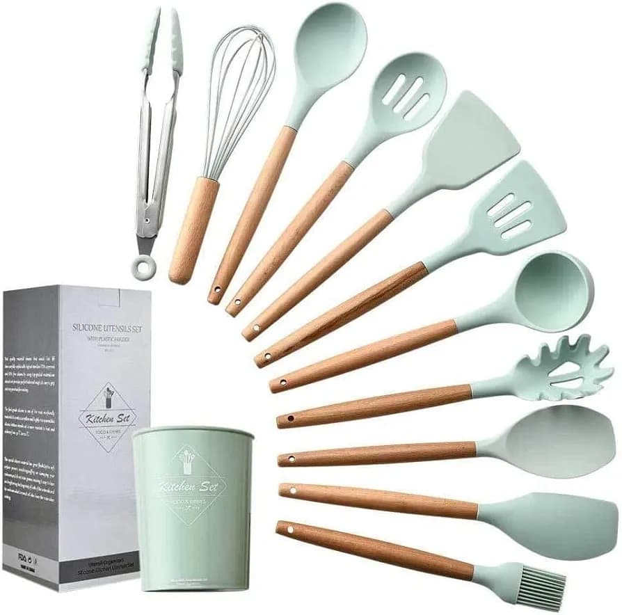 11-Piece Silicone Kitchen Utensil Set with Beech Wood Handles