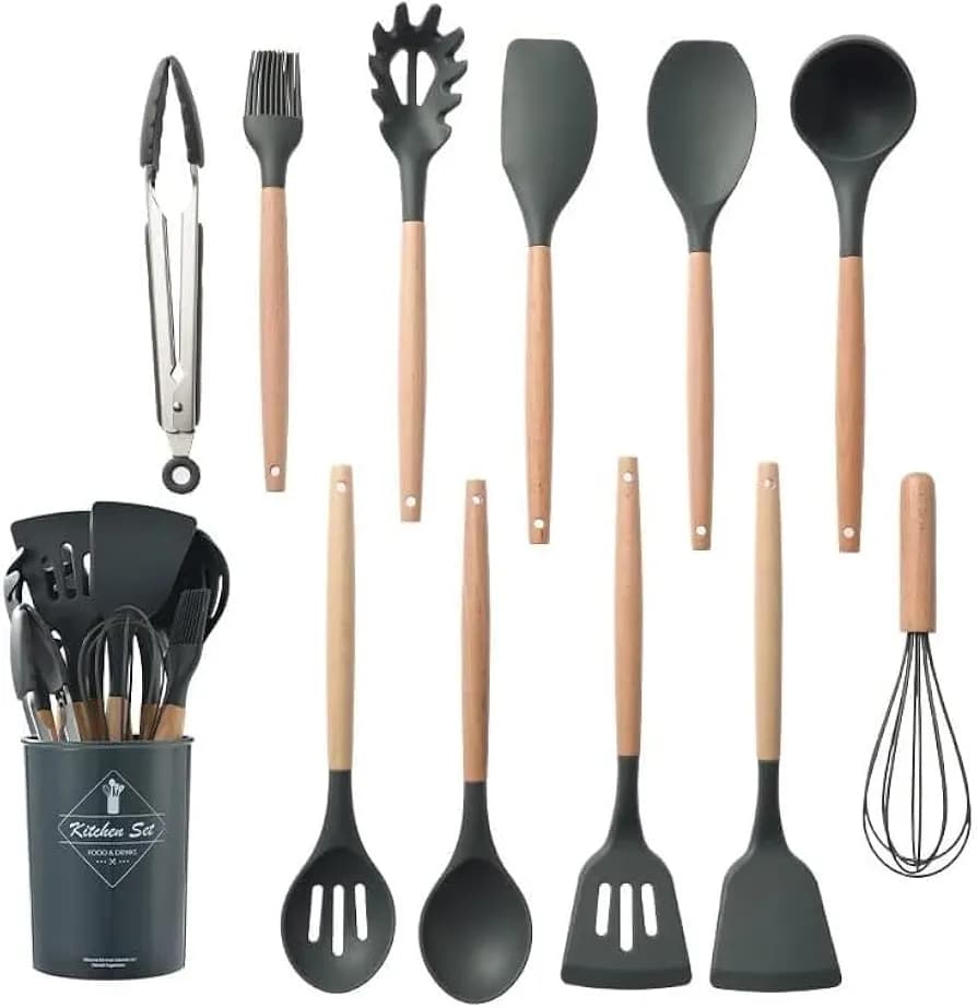 11-Piece Silicone Kitchen Utensil Set with Beech Wood Handles