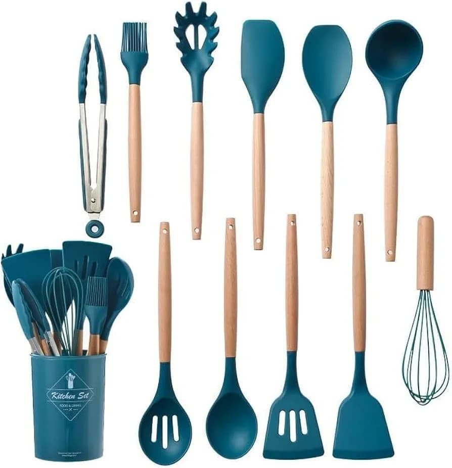11-Piece Silicone Kitchen Utensil Set with Beech Wood Handles