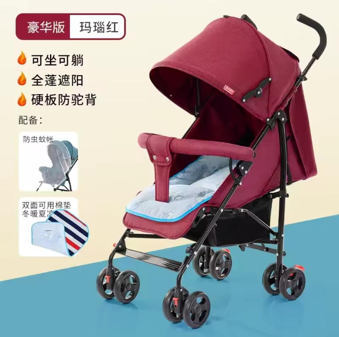 Conti Baby Stroller – Compact Foldable Design with 4-Wheel Brakes (Black, Blue, Red)