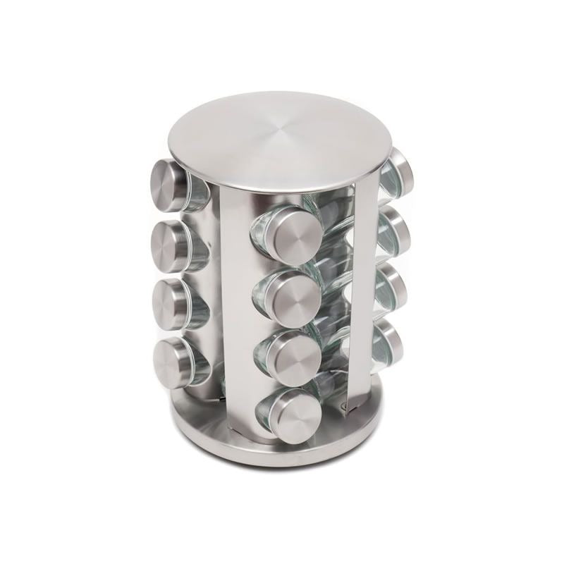 16 Jar Rotating Carousel Spice Rack – Stainless Steel with Glass Jars
