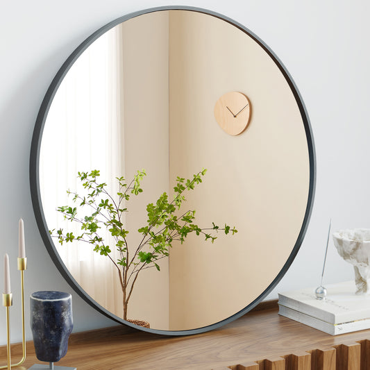 Round Wall Mirror with Black Metal Frame – 70cm