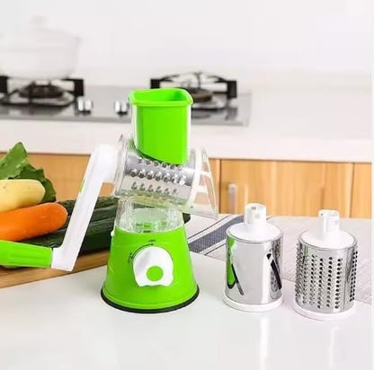 Manual Rotary Grater – 3-in-1 Kitchen Slicer with Interchangeable Drums, Green/Silver