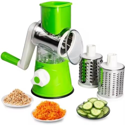 Manual Rotary Grater – 3-in-1 Kitchen Slicer with Interchangeable Drums, Green/Silver