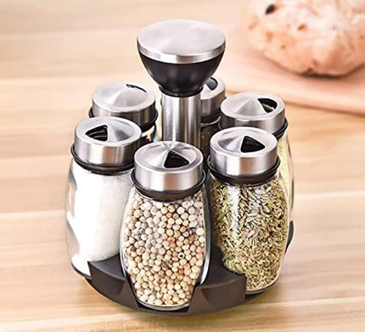 YRHH Rotatable Spice Rack with 6 Glass Spice Jars – Stainless Steel, Plastic & Glass