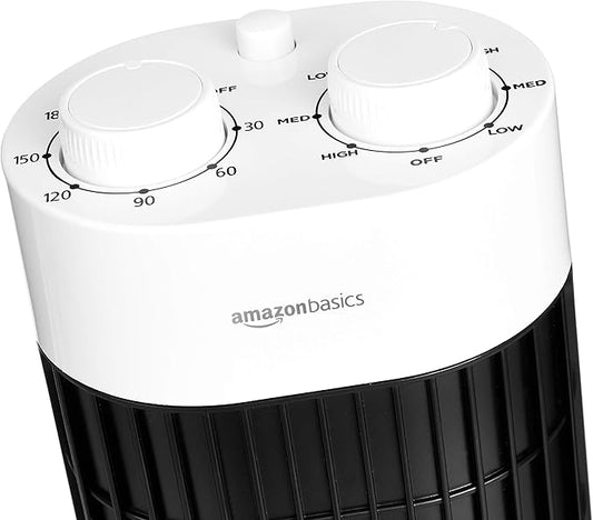 Amazon Basics 3-Speed Oscillating Tower Fan with Timer – 45W, White