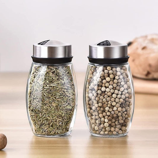 YRHH Rotatable Spice Rack with 6 Glass Spice Jars – Stainless Steel, Plastic & Glass