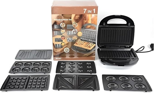 7-in-1 Multifunctional Sandwich Maker with Non-Stick Interchangeable Plates – Grill, Waffles, Donuts, Cupcakes & More