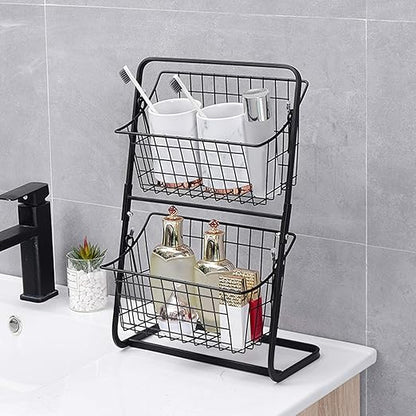 2-Tier Metal Storage Rack with Removable Baskets – Black