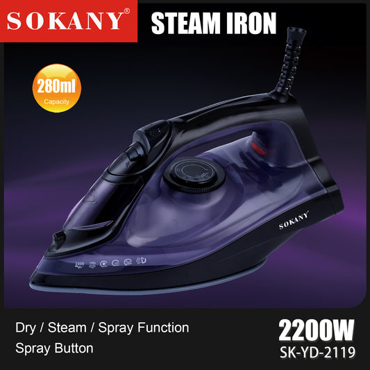 Sokany SK-YD-2119 Electric Steamer Iron – 2200W, 110–240V, 280ml Water Tank, Ceramic Base