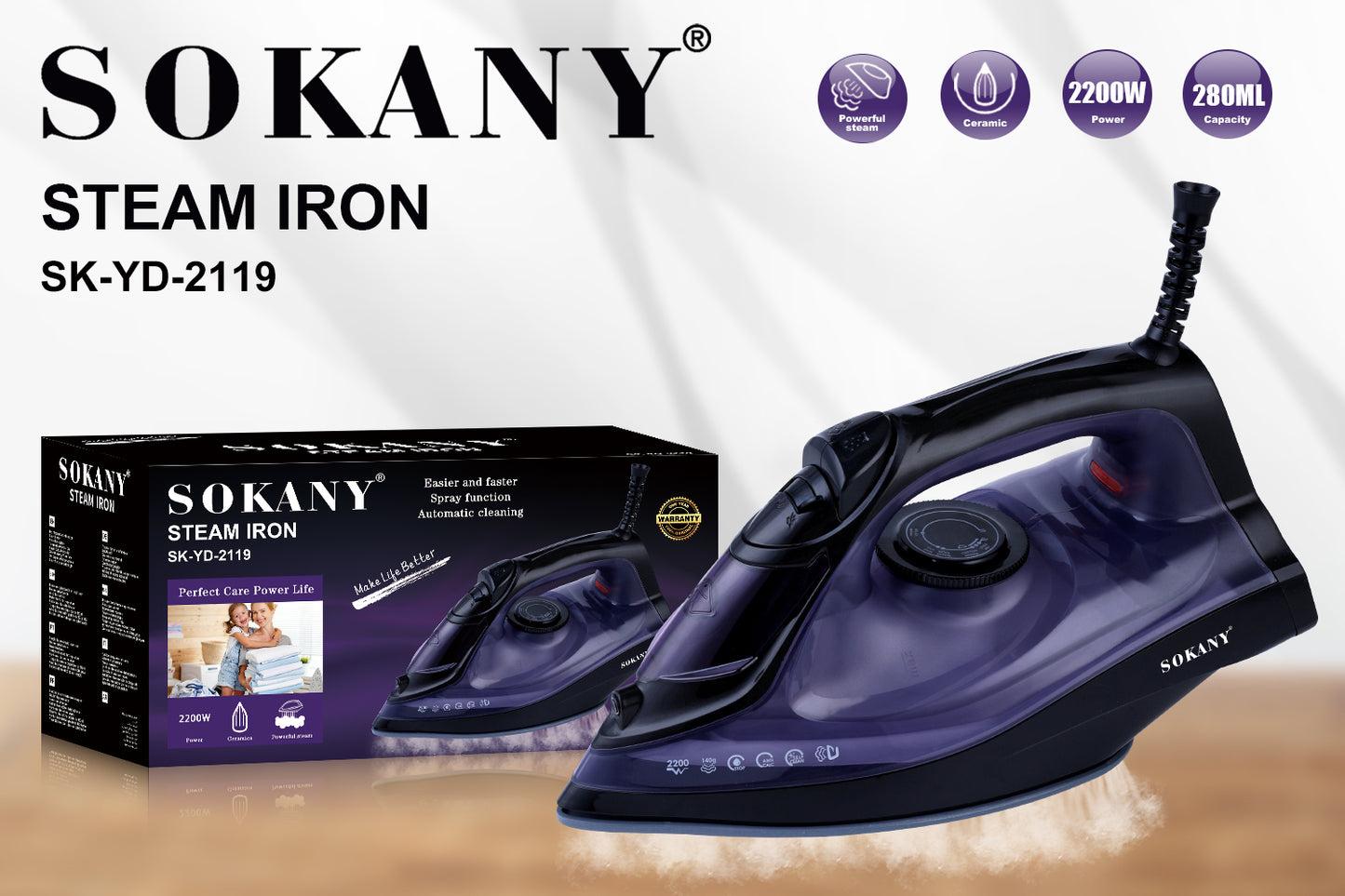 Sokany SK-YD-2119 Electric Steamer Iron – 2200W, 110–240V, 280ml Water Tank, Ceramic Base