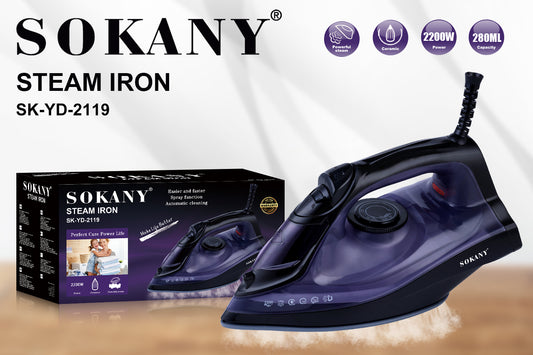 Sokany SK-YD-2119 Electric Steamer Iron – 2200W, 110–240V, 280ml Water Tank, Ceramic Base