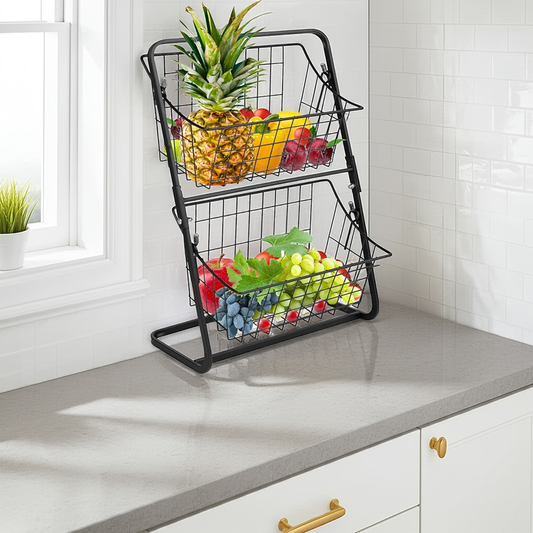 2-Tier Metal Storage Rack with Removable Baskets – Black
