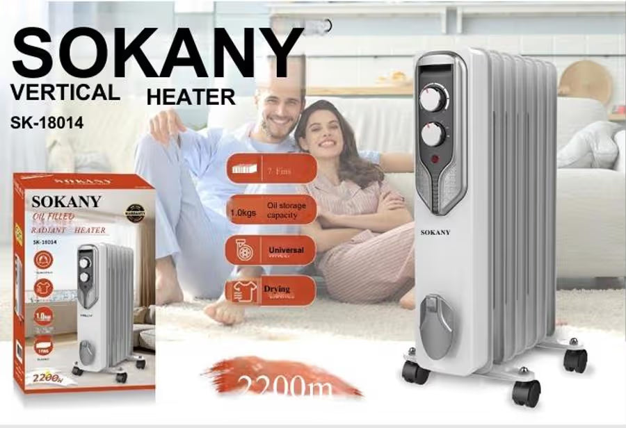 Sokany SK-18014 Vertical Oil-Filled Heater – 2200W, 7 Fins, Thermostat