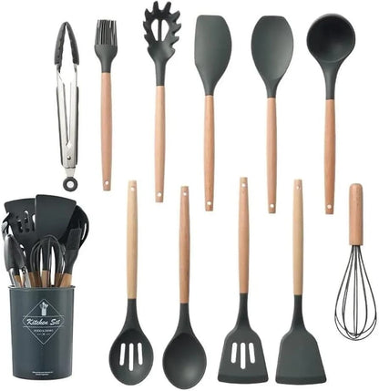 11-Piece Silicone Kitchen Utensil Set with Beech Wood Handles