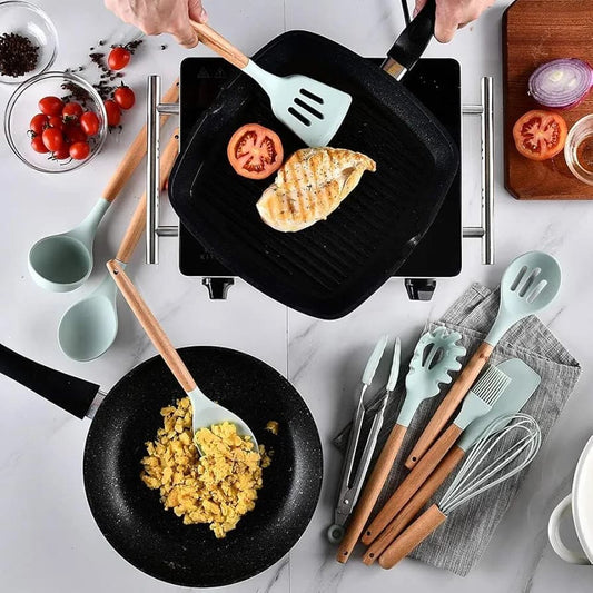 11-Piece Silicone Kitchen Utensil Set with Beech Wood Handles