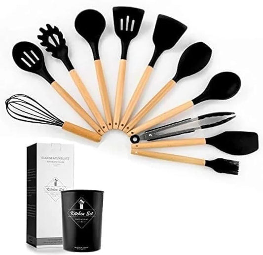 11-Piece Silicone Kitchen Utensil Set with Beech Wood Handles