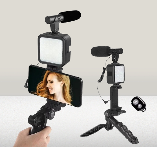 Plokama Pro Vlogging Kit – Tripod, LED Light, Shotgun Microphone, Smartphone Adapter