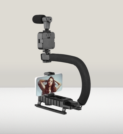 Portable Handheld Video Rig Kit – Bracket, LED Light, Microphone, Phone Holder