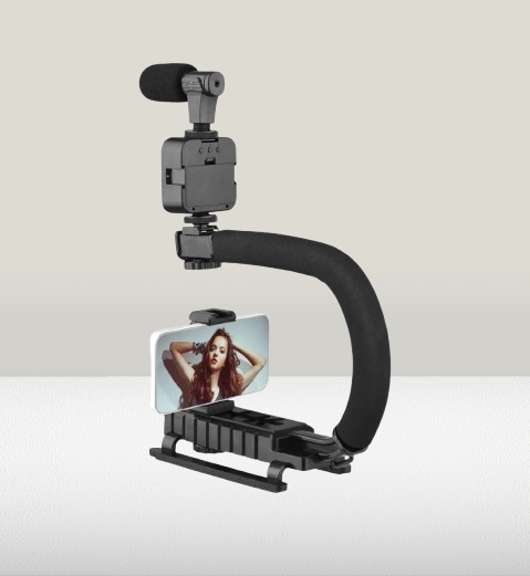 Portable Handheld Video Rig Kit – Bracket, LED Light, Microphone, Phone Holder