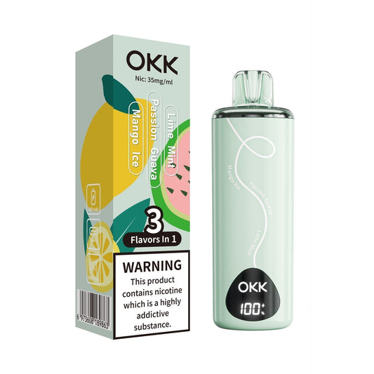 Okk Tripo 3-in-1 Disposable Vape – Lime Mint, Passion Guava & Mango Ice – 20,000 Puffs | 35mg Nicotine