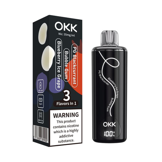 Okk Tripo 3-in-1 Disposable Vape – PG Blackcurrant, Bubble Gum & Blueberry Ice Grape – 20,000 Puffs | 35mg Nicotine