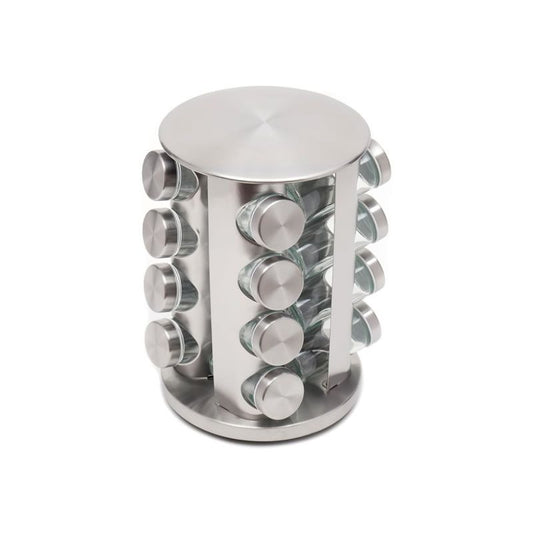 16 Jar Rotating Carousel Spice Rack – Stainless Steel with Glass Jars