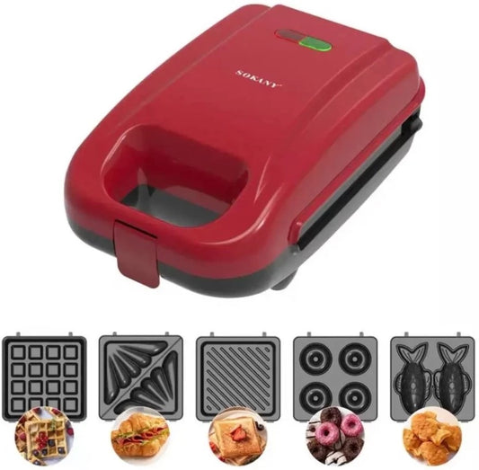 Sokany SK-08048 5-in-1 Electric Waffle Maker – Interchangeable Non-Stick Plates, 650W, Red
