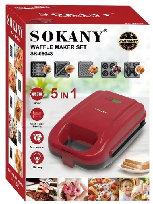 Sokany SK-08048 5-in-1 Electric Waffle Maker – Interchangeable Non-Stick Plates, 650W, Red