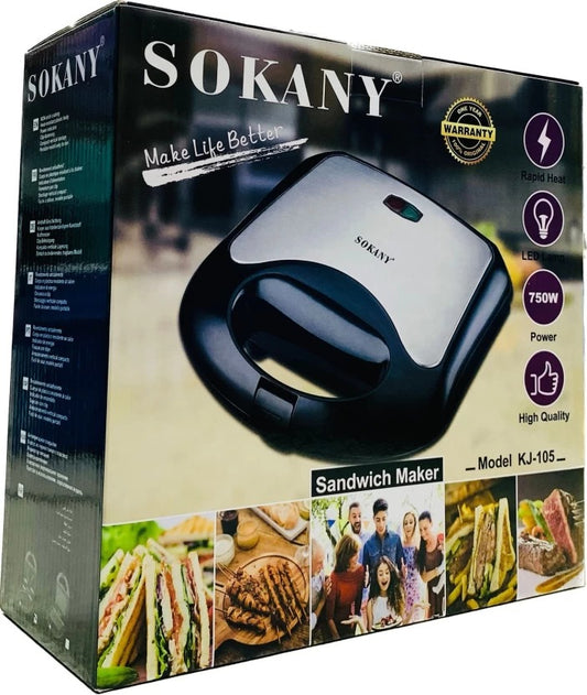 Sokany 750W Sandwich Maker – Model KJ-105 (Black/Grey)