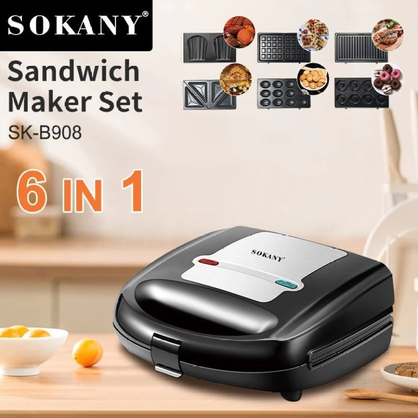 Sokany 6-in-1 Sandwich Maker – SK-B908 (Silver & Black)
