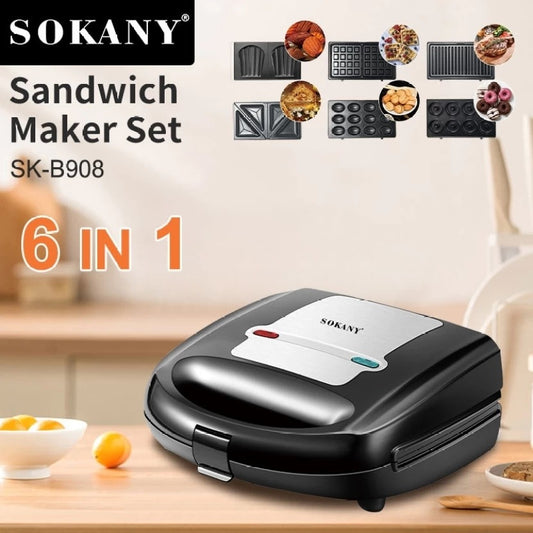 Sokany 6-in-1 Sandwich Maker – SK-B908 (Silver & Black)