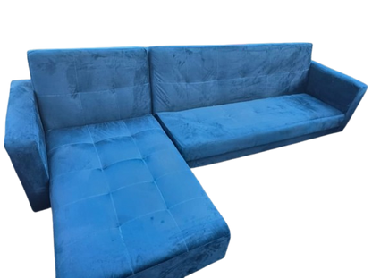 Blue L-Shaped Velvet Sleeper Couch – 3 to 4 Seater Sectional