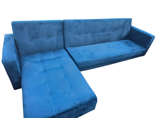 Blue L-Shaped Velvet Sleeper Couch – 3 to 4 Seater Sectional