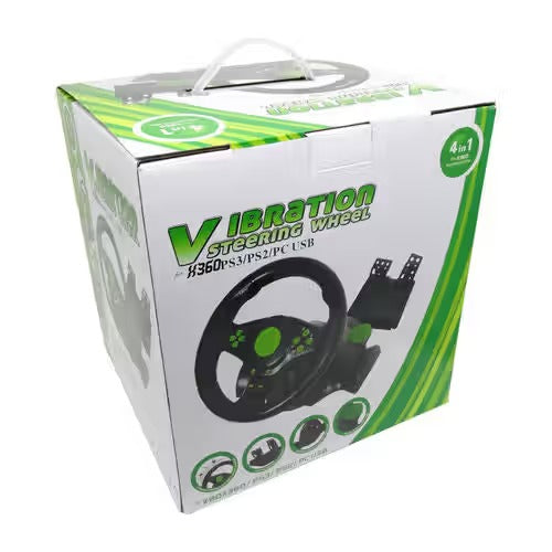4-in-1 Steering Wheel with Pedals for PC, Xbox 360, PS3 & PS2 – USB Racing Wheel (Black/Green)