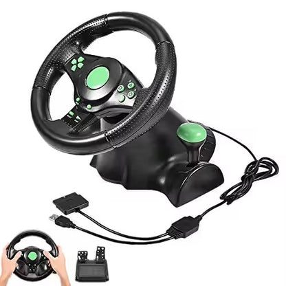 4-in-1 Steering Wheel with Pedals for PC, Xbox 360, PS3 & PS2 – USB Racing Wheel (Black/Green)
