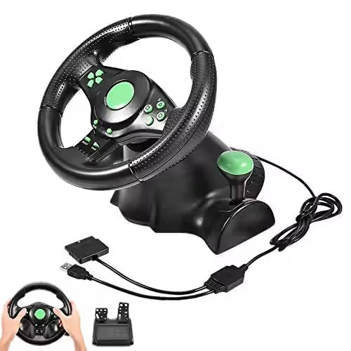 4-in-1 Steering Wheel with Pedals for PC, Xbox 360, PS3 & PS2 – USB Racing Wheel (Black/Green)